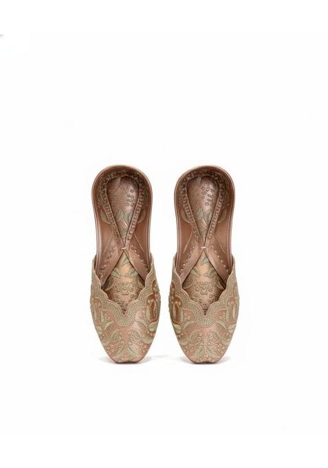 A1 Looks Traditional Embroidered Punjabi Jutti Peach Flat Sole with Padded Insole