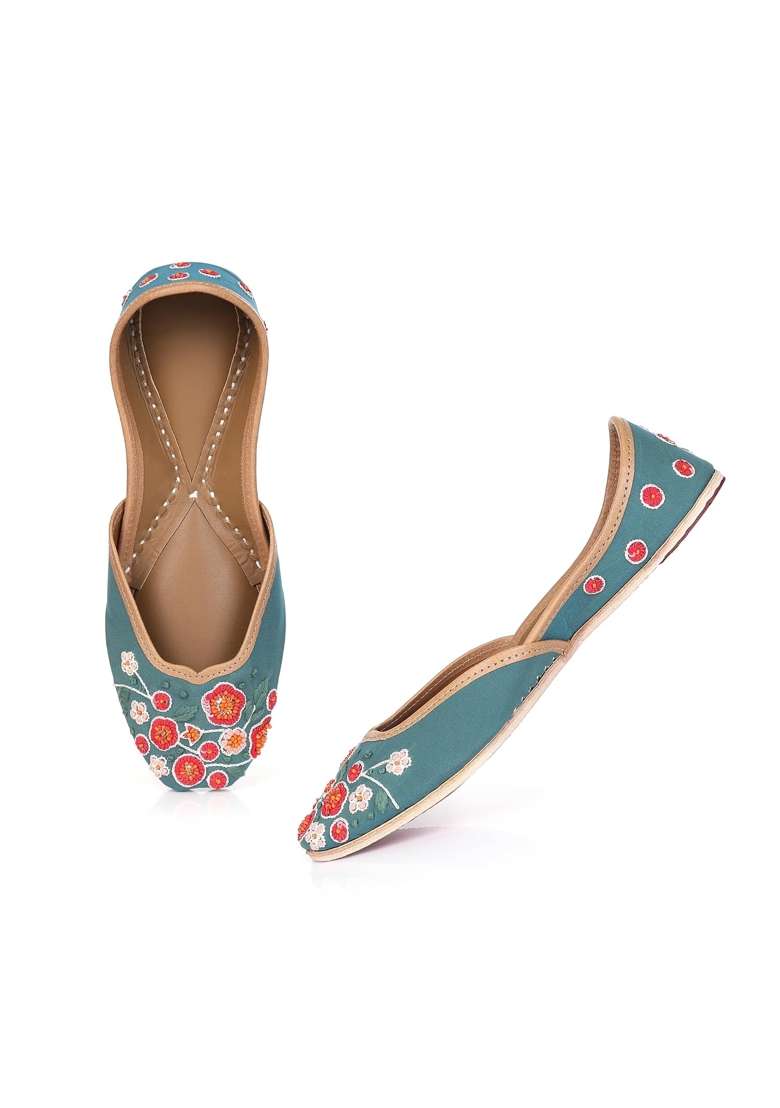 Summery Green Floral Jutti for Ladies Pure Leather Ladies Jooties Flat Shoes Mojari Mojri Mojdi Juti Mojaris - Indya