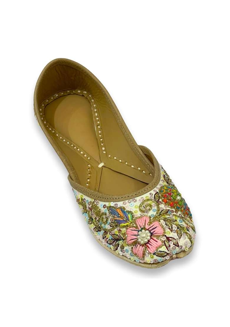 Punjabis Hand Art White Magic Womens Embroidered Jutti Flats Multicolour Floral Sequin and Bead Work - Indya