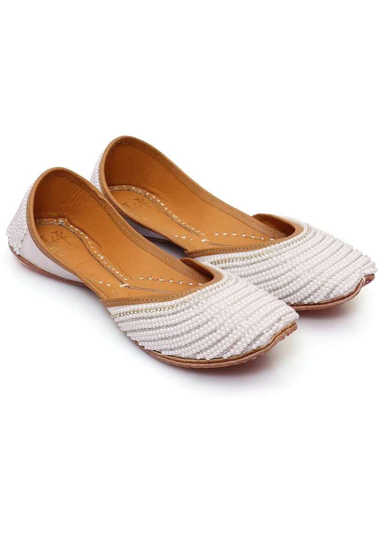 HEER White Womens Handmade Juttis Genuine Soft Sole for Bridal Moti Stylish Flats Casual Bellies - Indya