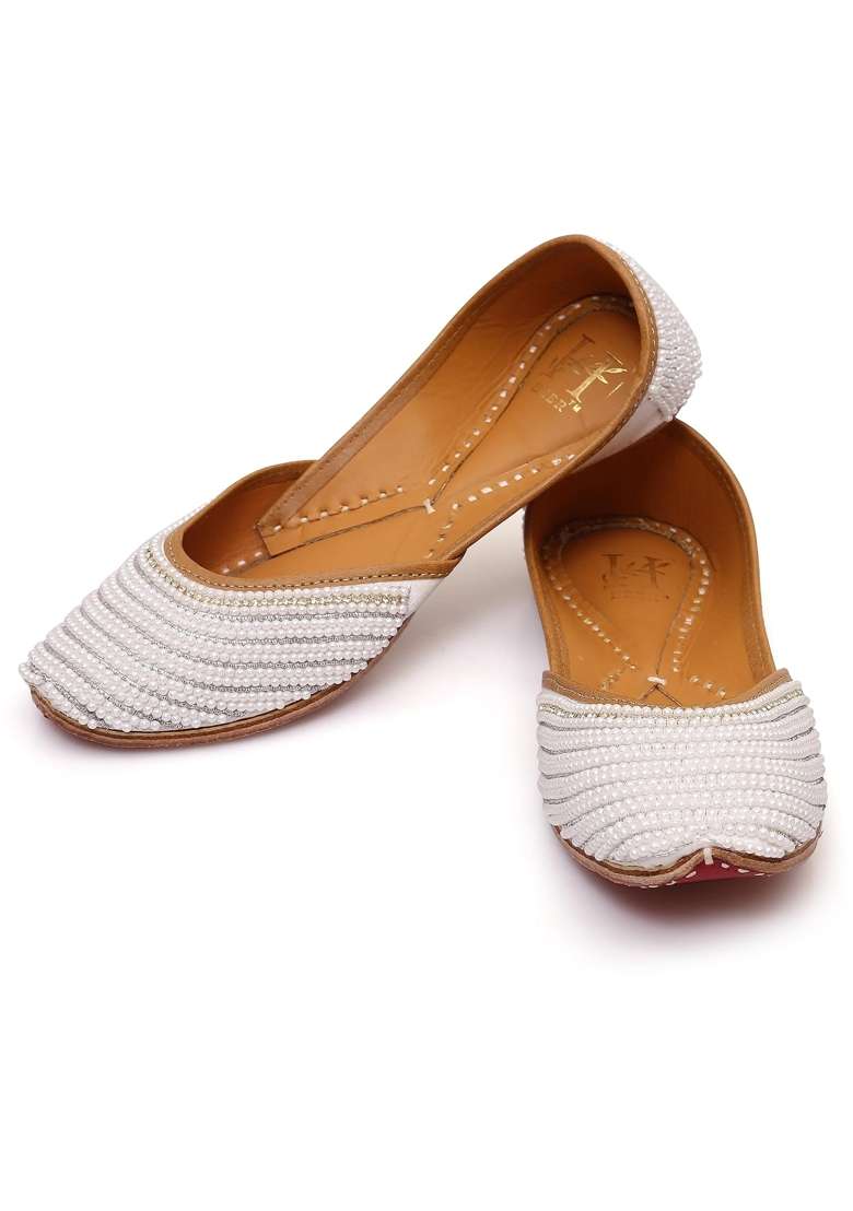 HEER White Womens Handmade Juttis Genuine Soft Sole for Bridal Moti Stylish Flats Casual Bellies - Indya