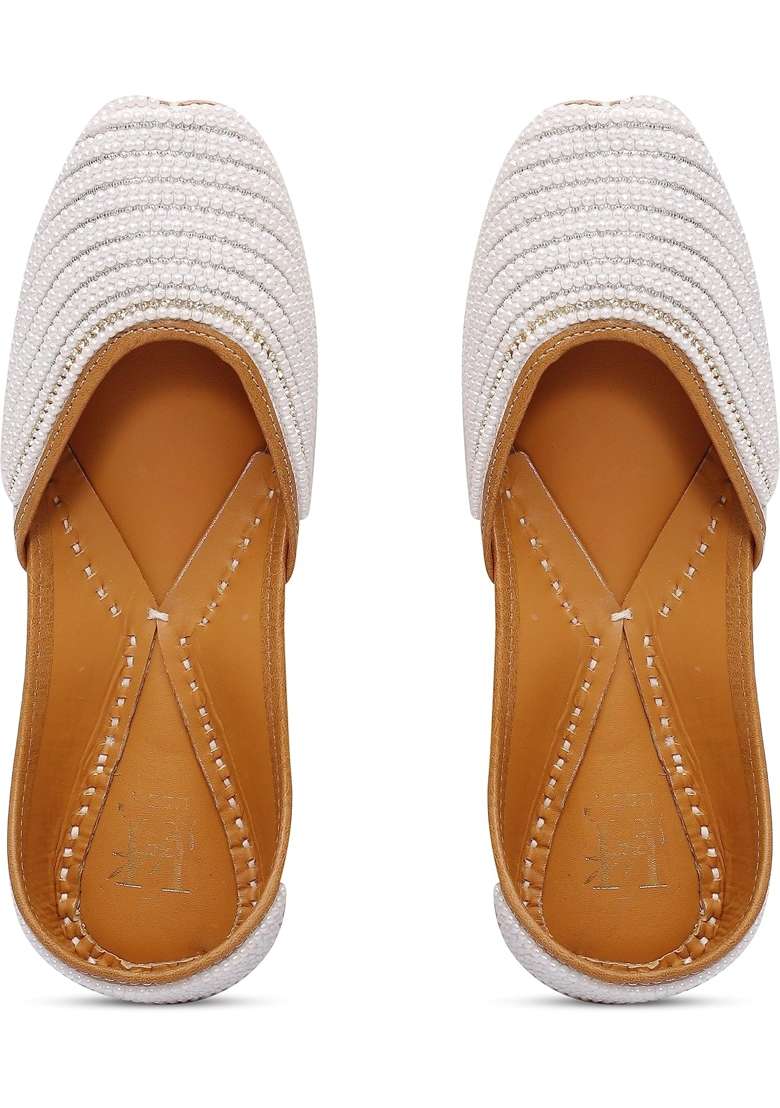 HEER White Womens Handmade Juttis Genuine Soft Sole for Bridal Moti Stylish Flats Casual Bellies - Indya