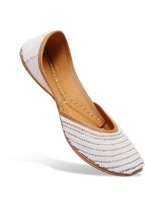 HEER White Womens Handmade Juttis Genuine Soft Sole for Bridal Moti Stylish Flats Casual Bellies