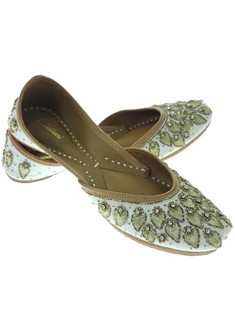 Fulkari Women Peacock Feather Gold Genuine Soft Leather Embroidered Jutis