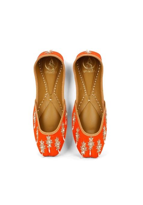 Anushra Saffron Jutti for Women Handcrafted Orange Embroidered Ethnic Footwear with Sequin Pearl Drop Work