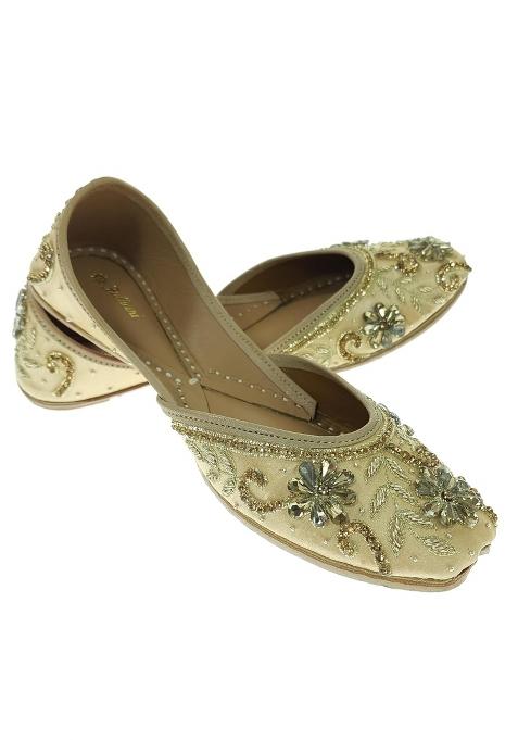 Fulkari Women Boronia Stone Gold Genuine Soft Leather Embroidered Jutis