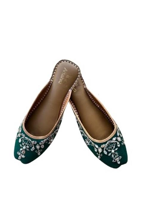 Anushra Zareen Noor Half Jutti for Women Handcrafted Emerald Green Open Back Ethnic Footwear with Mirror Work