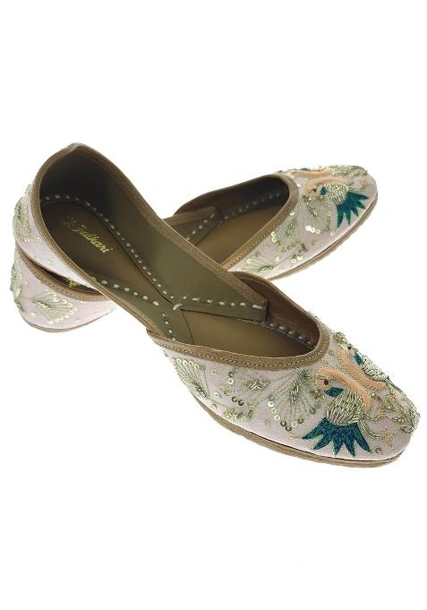 Fulkari Women Peacock Peach Gold Genuine Soft Leather Embroidered Jutis