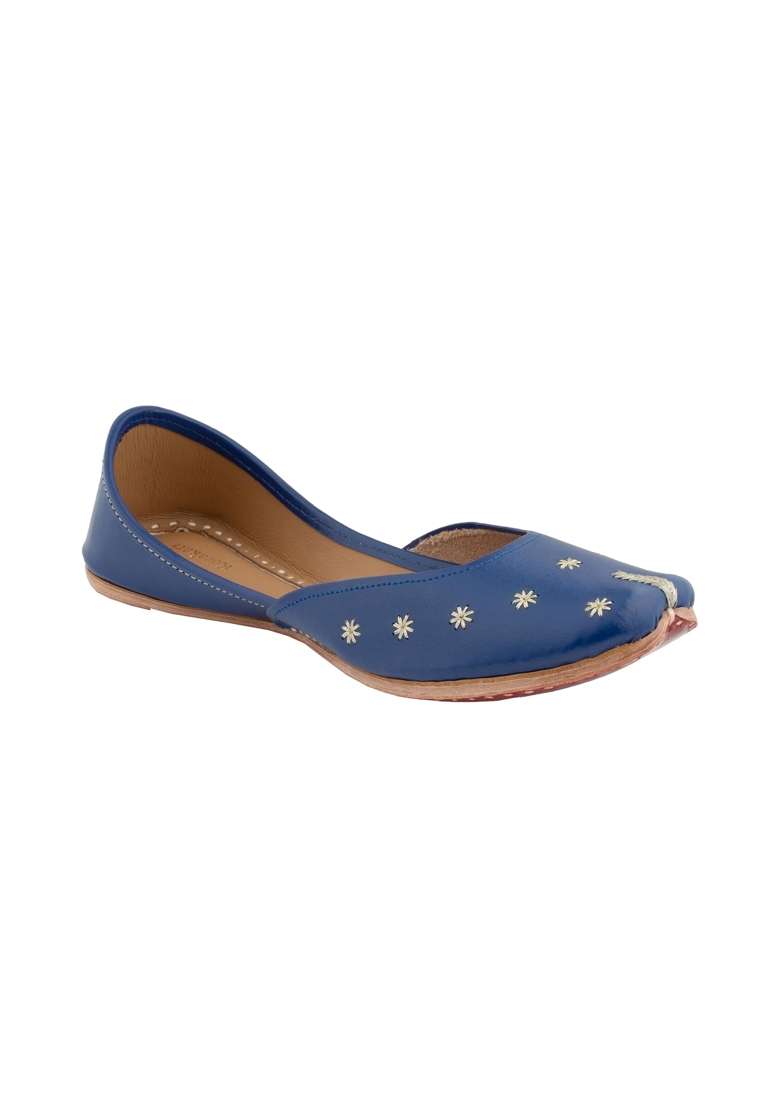 Korakari Blue Womens Traditional Ethnic Amber Punjabi Jutti Leather Flat Comfortable Mojaris for Girls - Indya
