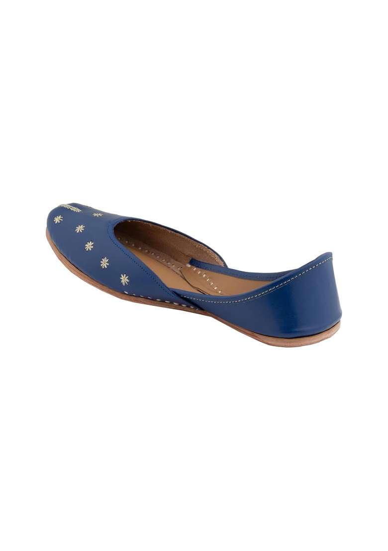 Korakari Blue Womens Traditional Ethnic Amber Punjabi Jutti Leather Flat Comfortable Mojaris for Girls - Indya