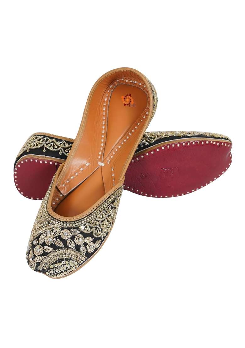 DFR Black Women Hand Zari Dabka Mojari Juttis - Indya
