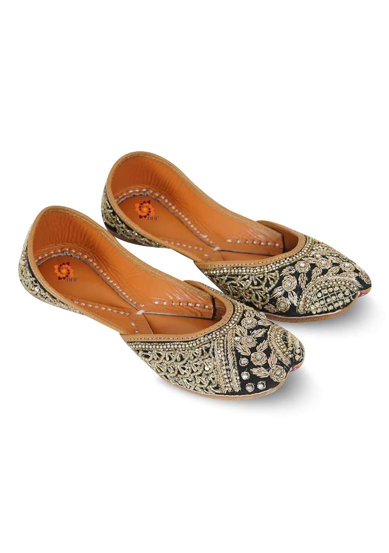 DFR Black Women Hand Zari Dabka Mojari Juttis - Indya