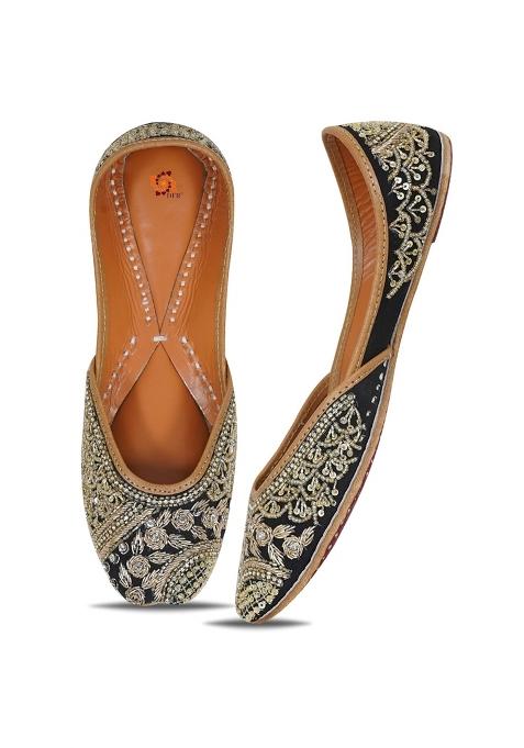 DFR Black Women Hand Zari Dabka Mojari Juttis