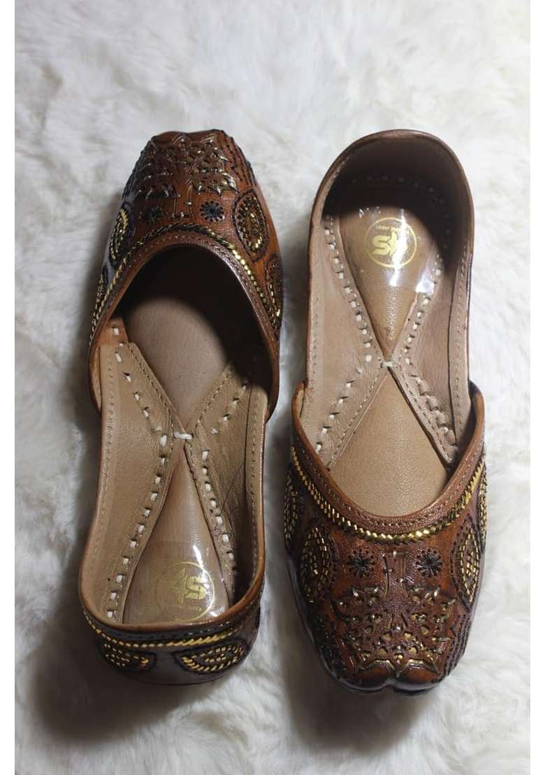 4S Premium Brown Leather Punjabi Jutti with Gold Zardozi and Bead Embroidery - Indya
