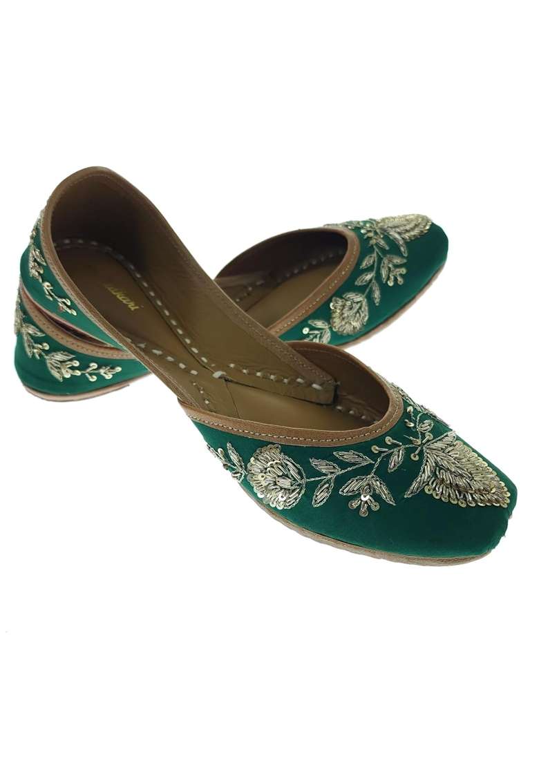 Fulkari Women Mist Green Gold Genuine Soft Leather Embroidered Jutis - Indya