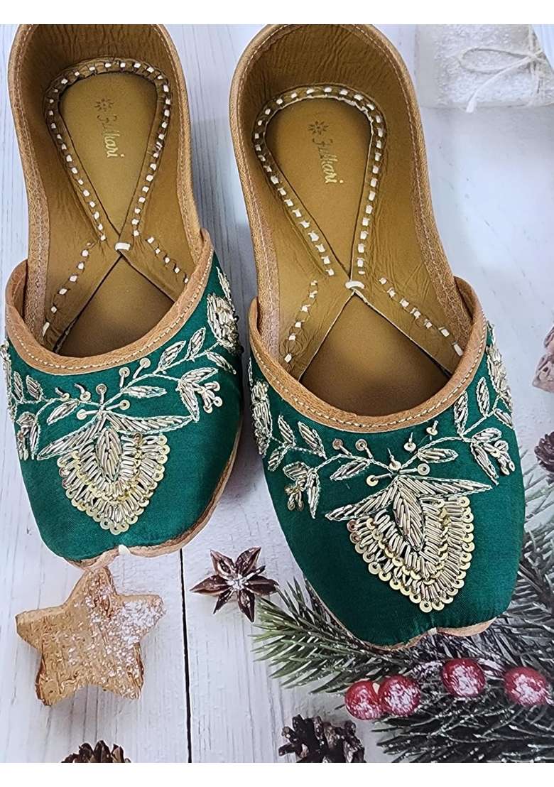 Fulkari Women Mist Green Gold Genuine Soft Leather Embroidered Jutis - Indya