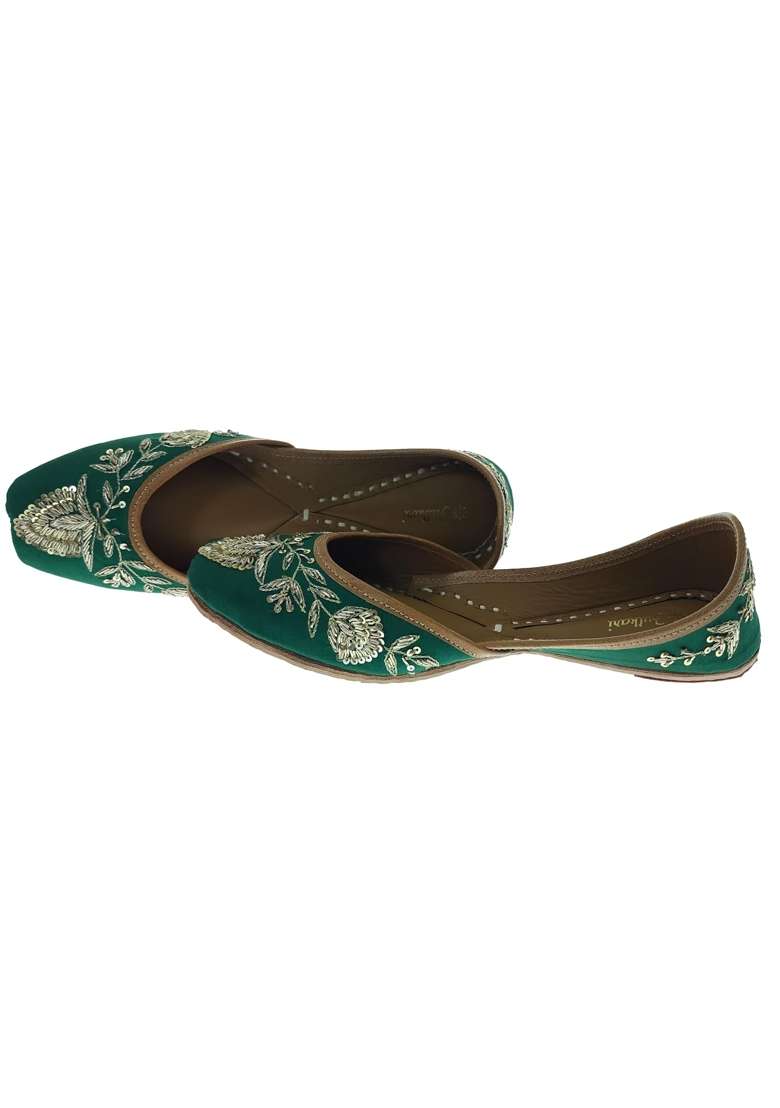 Fulkari Women Mist Green Gold Genuine Soft Leather Embroidered Jutis - Indya