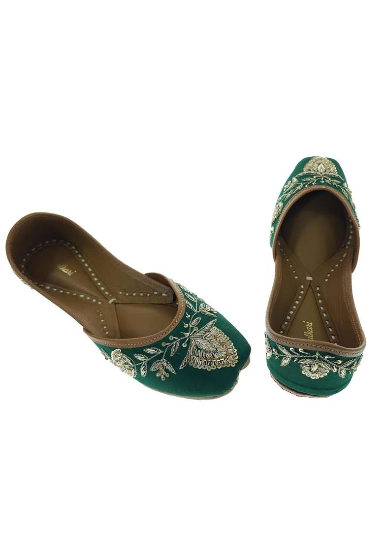 Fulkari Women Mist Green Gold Genuine Soft Leather Embroidered Jutis - Indya