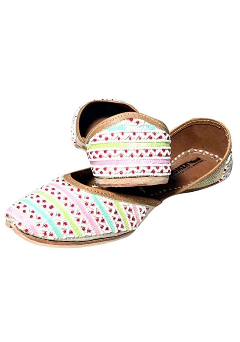Women Punjabi Jutti Genuine Leather Fancy White Color Multi Beads Embroidery Jutti for Women - Indya