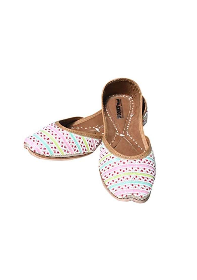 Women Punjabi Jutti Genuine Leather Fancy White Color Multi Beads Embroidery Jutti for Women - Indya