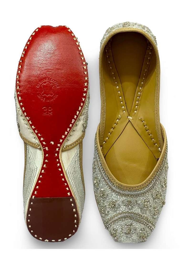 Punjabis Hand Art Chandrika Womens Embroidered Jutti Flats Silver Zardozi Work Ethnic Bridal - Indya