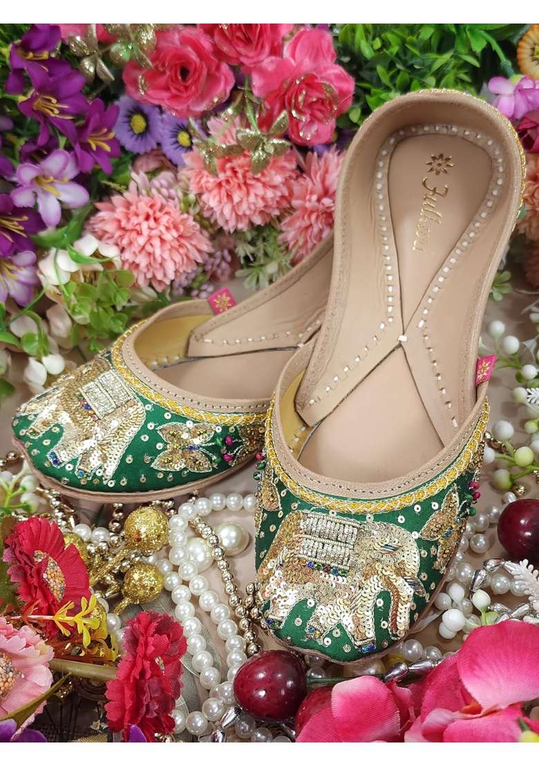 Fulkari Womens Elephant Soft Leather Embroidered Jutis Bite and Pinch Free Jutti - Indya