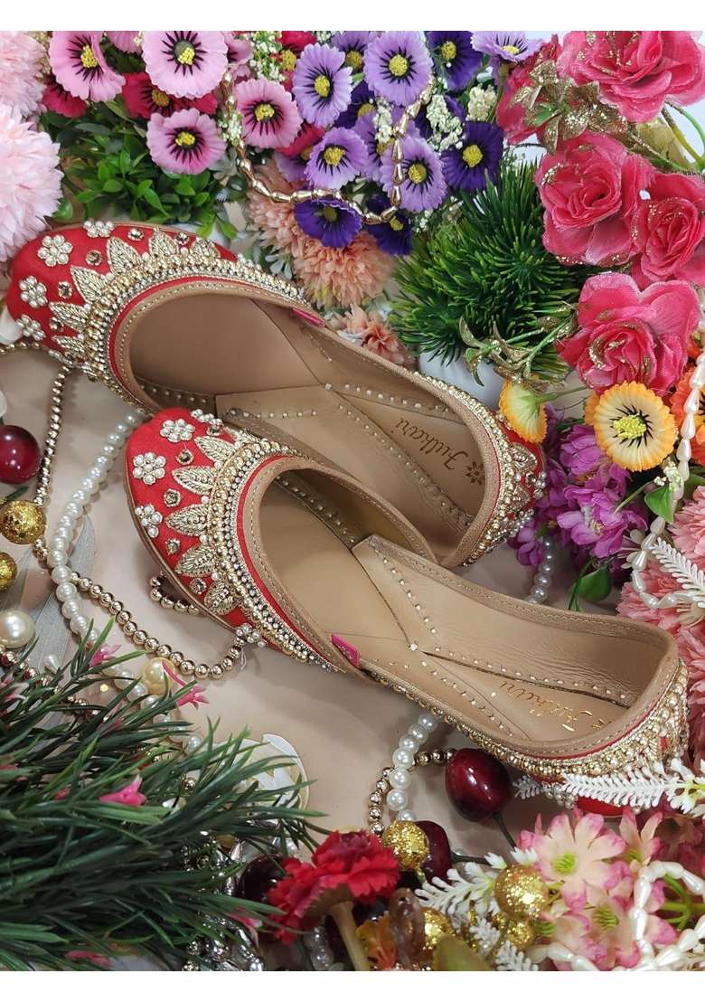 Fulkari Womens Pearl Beads Payal Genuine Soft Leather Embroidered Jutis - Indya