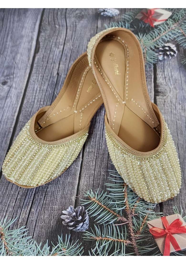 Fulkari Women Pearl Beads Genuine Soft Leather Embroidered Jutis - Indya
