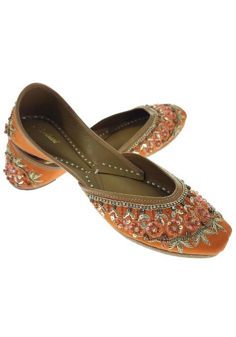 Fulkari Women Laltena Orange Gold Genuine Soft Leather Embroidered Jutis