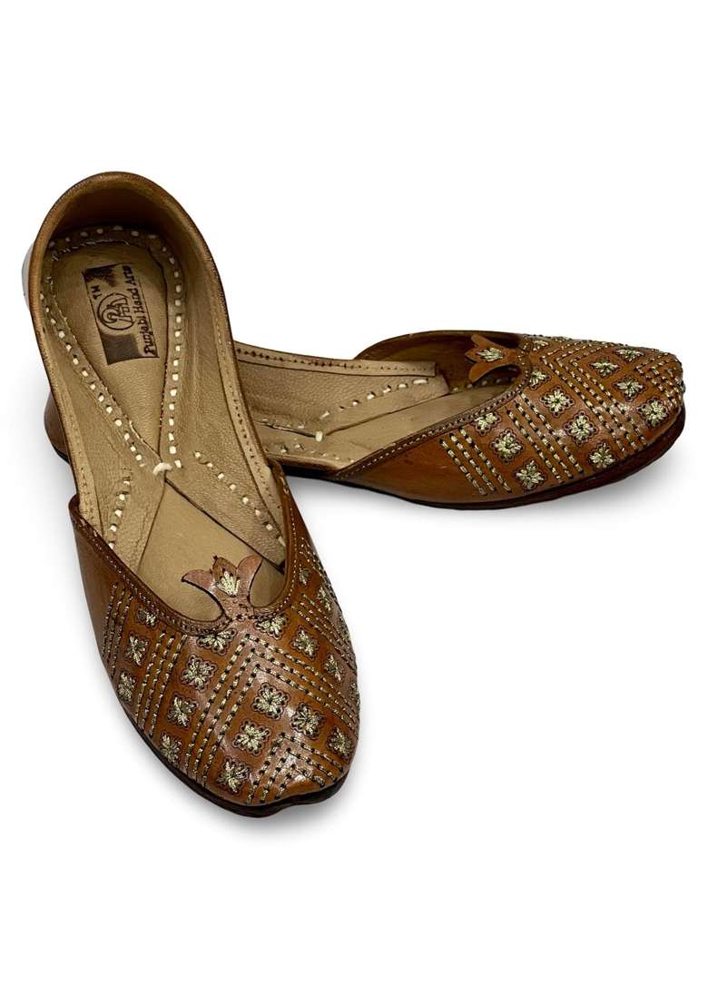 Punjabis Hand Art PHA Womens Leather Juttis Brown Floral Pattern Slip on Comfort and Durable Punjabi Jutti - Indya