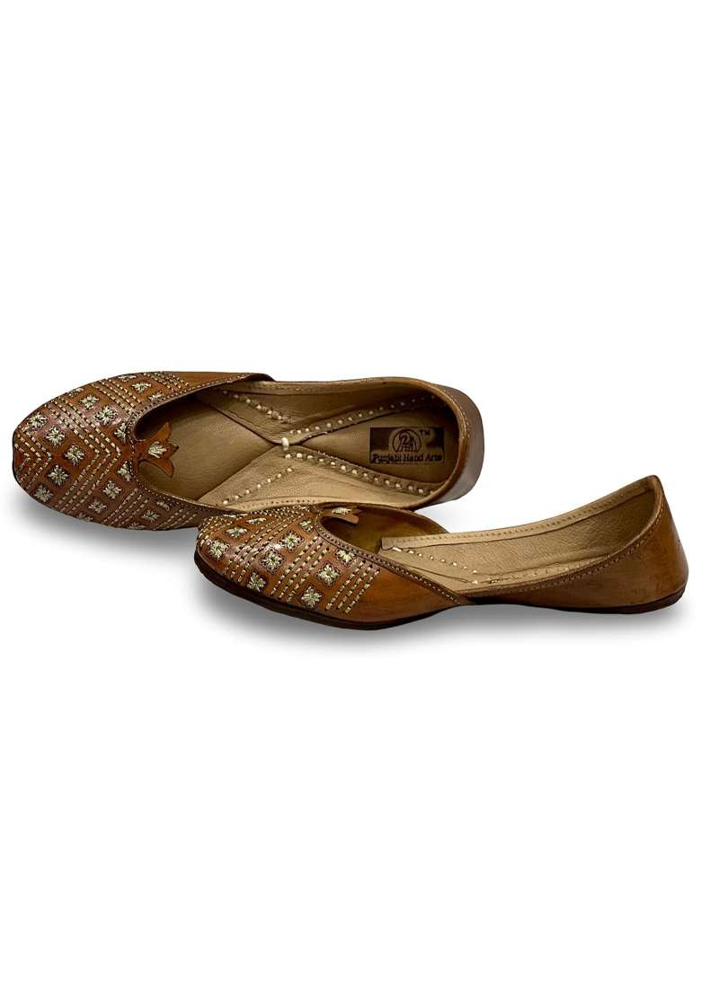 Punjabis Hand Art PHA Womens Leather Juttis Brown Floral Pattern Slip on Comfort and Durable Punjabi Jutti - Indya