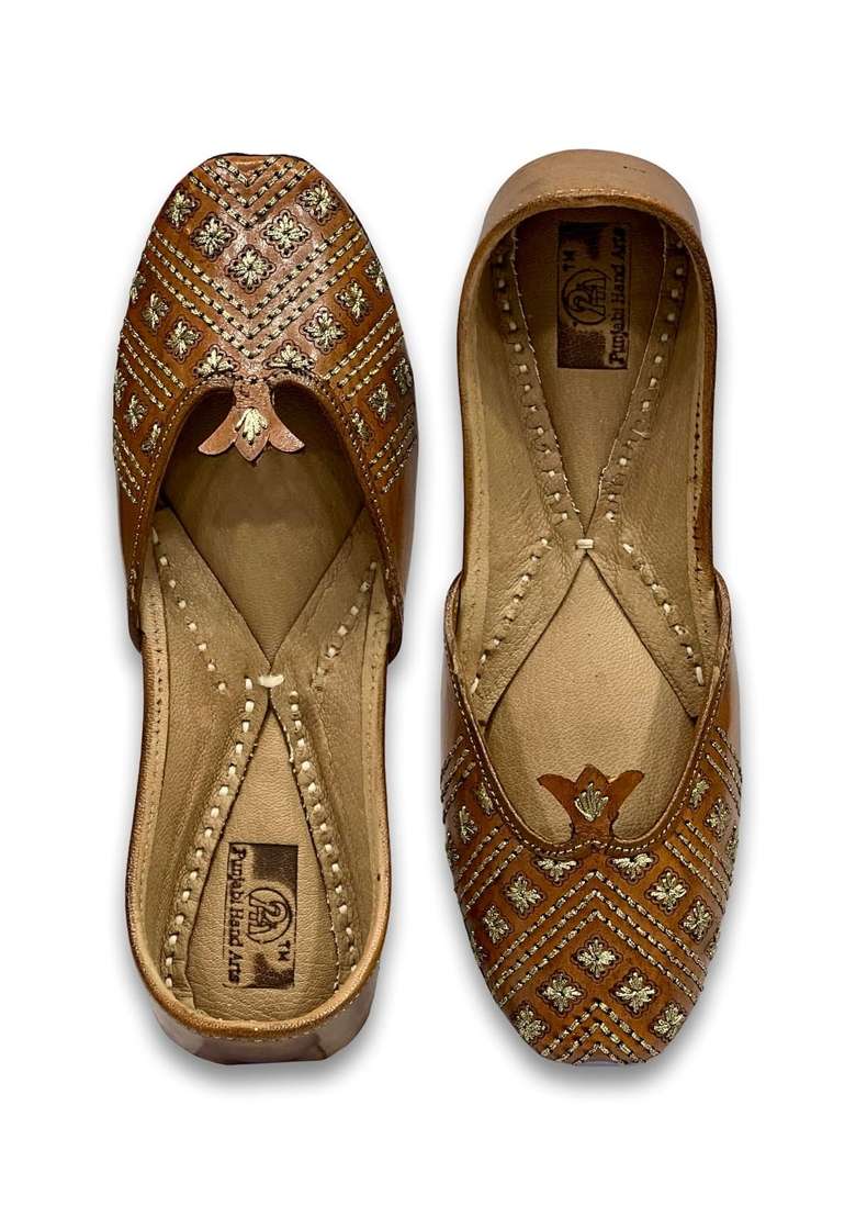 Punjabis Hand Art PHA Womens Leather Juttis Brown Floral Pattern Slip on Comfort and Durable Punjabi Jutti - Indya