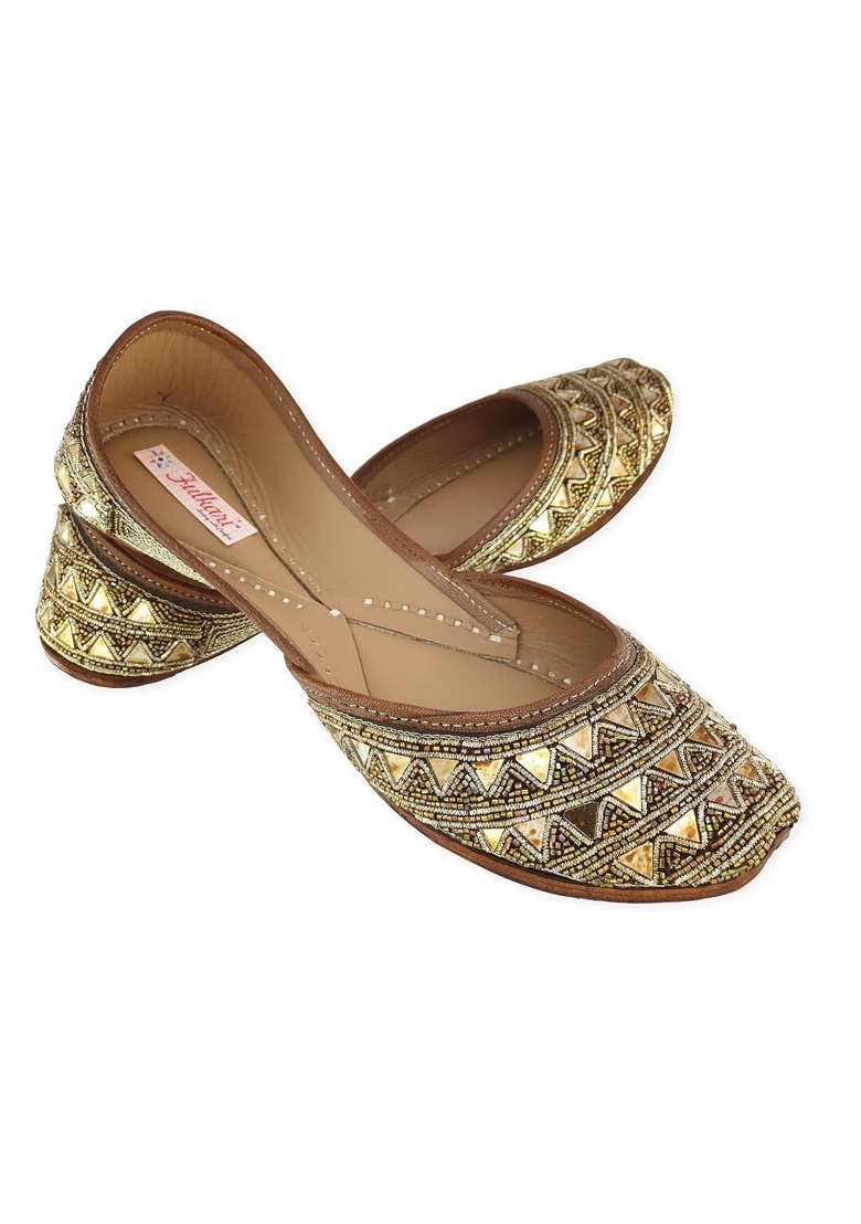 Fulkari Womens Triangle Mirror Gold Genuine Soft Leather Jutis - Indya