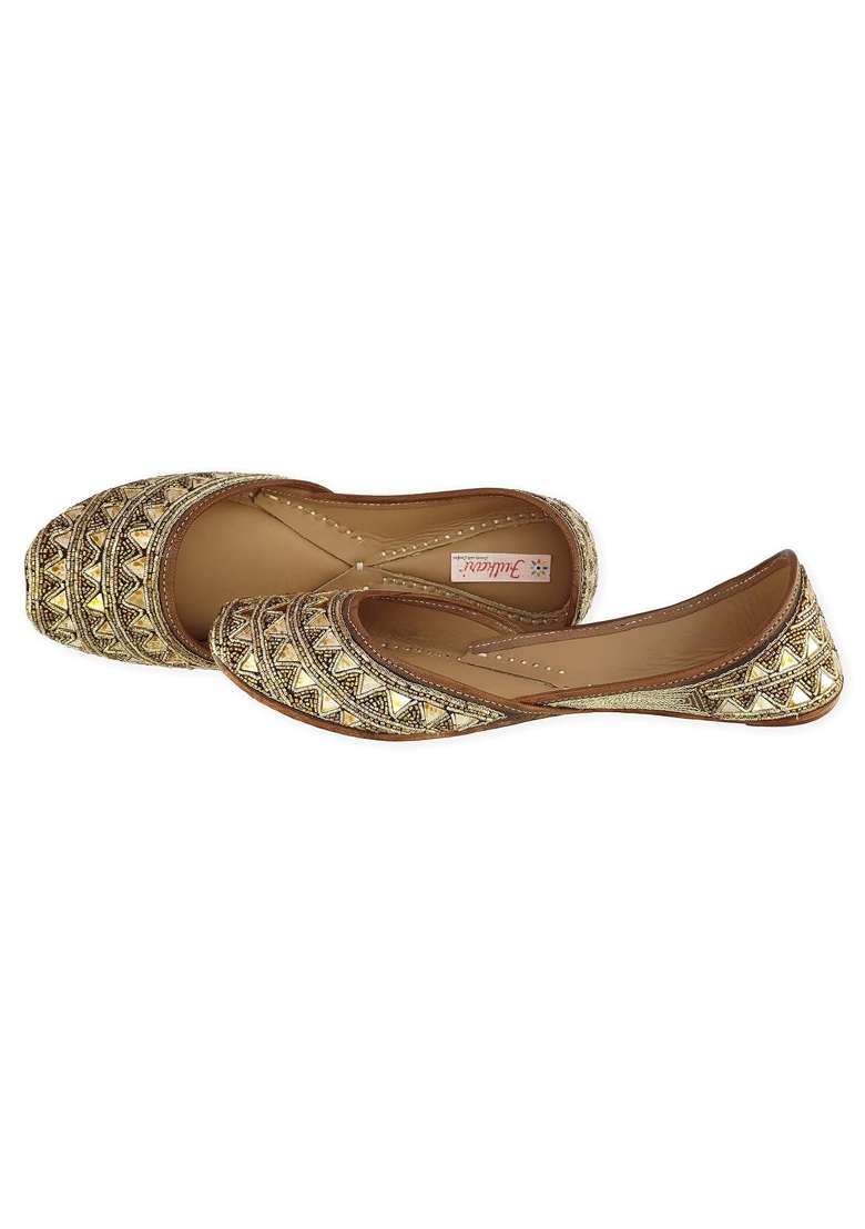 Fulkari Womens Triangle Mirror Gold Genuine Soft Leather Jutis - Indya