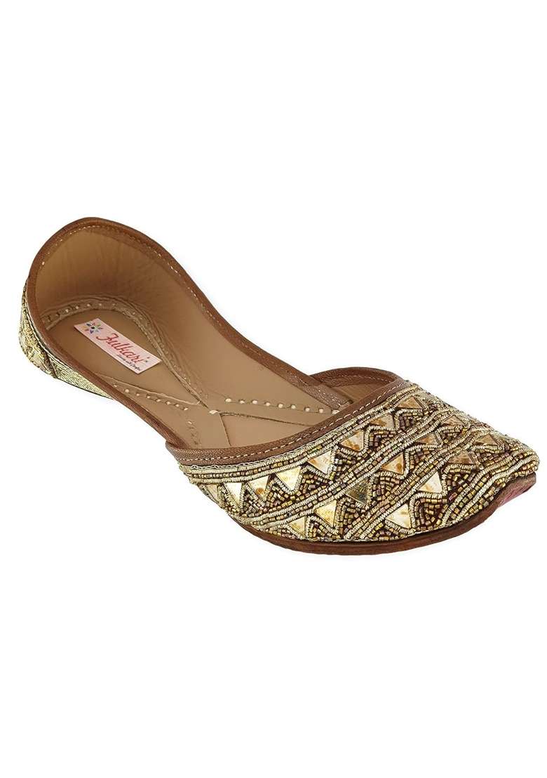 Fulkari Womens Triangle Mirror Gold Genuine Soft Leather Jutis - Indya