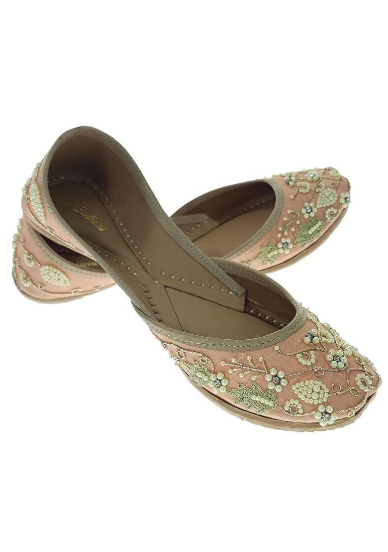 Fulkari Women Pearl Beads Gold Genuine Soft Leather Embroidered Jutis - Indya