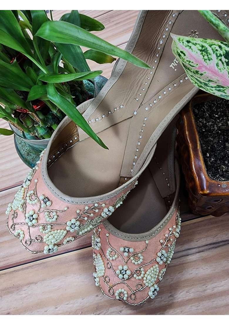 Fulkari Women Pearl Beads Gold Genuine Soft Leather Embroidered Jutis - Indya
