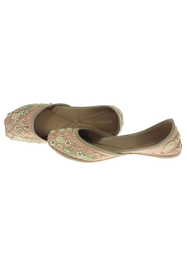 Fulkari Women Pearl Beads Gold Genuine Soft Leather Embroidered Jutis - Indya