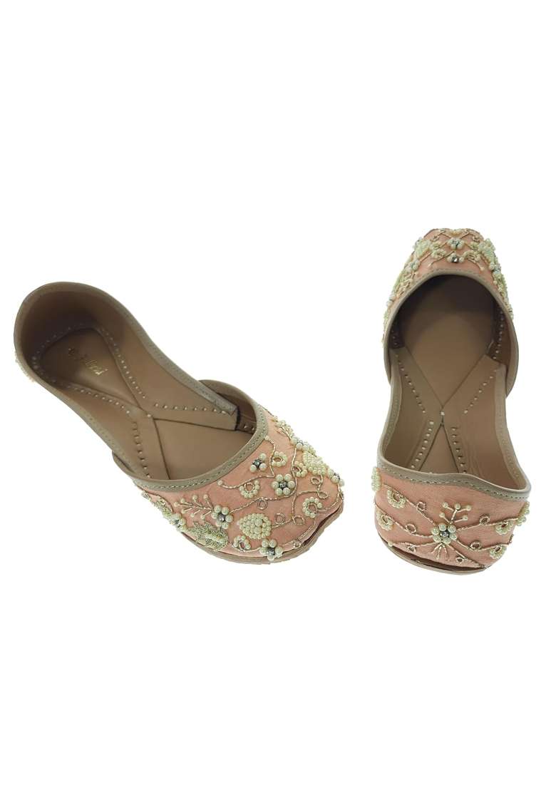 Fulkari Women Pearl Beads Gold Genuine Soft Leather Embroidered Jutis - Indya