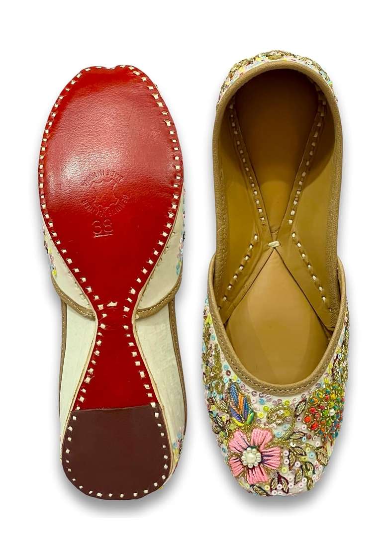 Punjabis Hand Art White Magic Womens Embroidered Jutti Flats Multicolour Floral Sequin and Bead Work - Indya