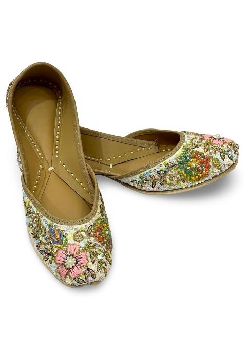 Punjabis Hand Art White Magic Womens Embroidered Jutti Flats Multicolour Floral Sequin and Bead Work