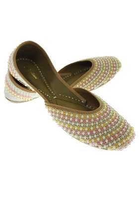 Fulkari Women Pearls Beige Gold Multi Genuine Soft Leather Embroidered Jutis