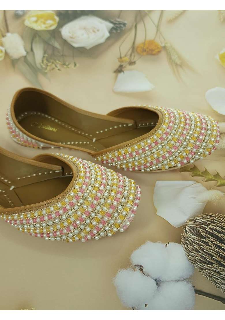 Fulkari Women Pearls Beige Gold Multi Genuine Soft Leather Embroidered Jutis - Indya