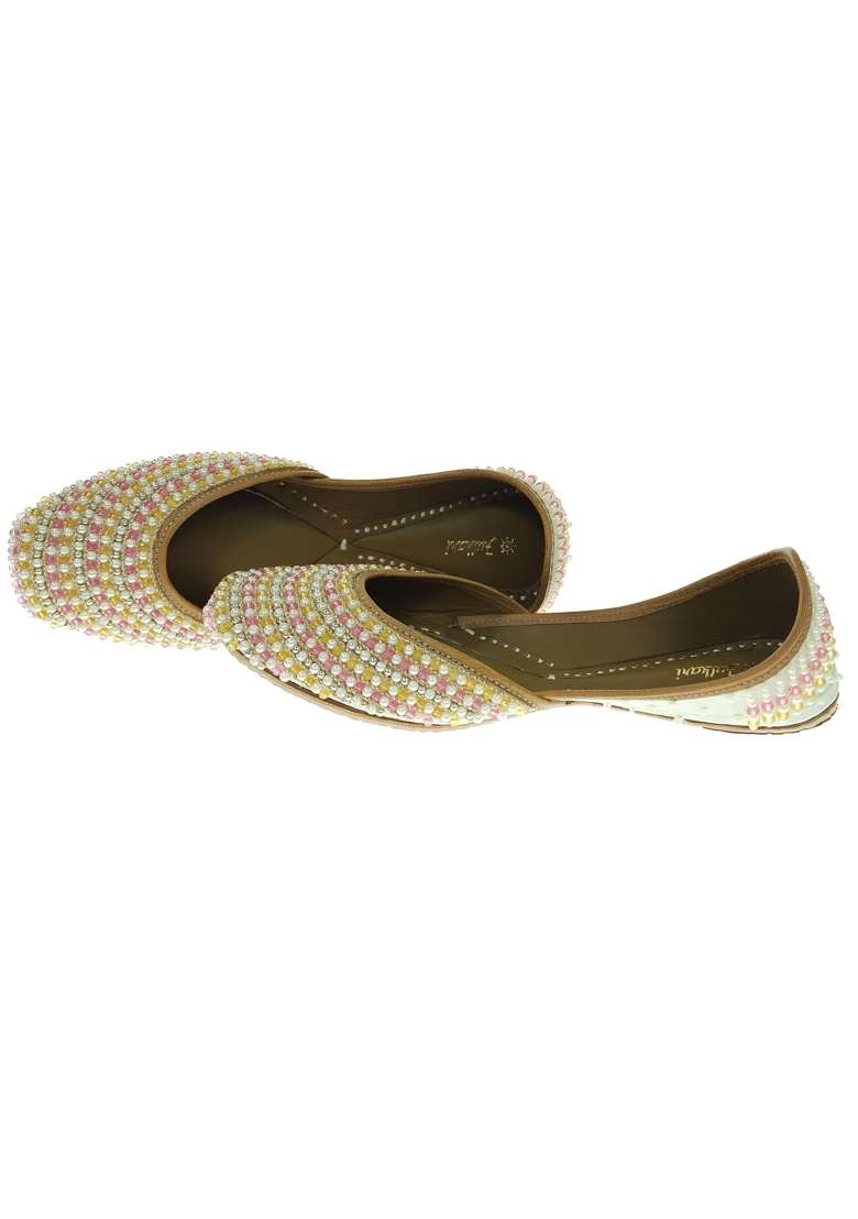 Fulkari Women Pearls Beige Gold Multi Genuine Soft Leather Embroidered Jutis - Indya