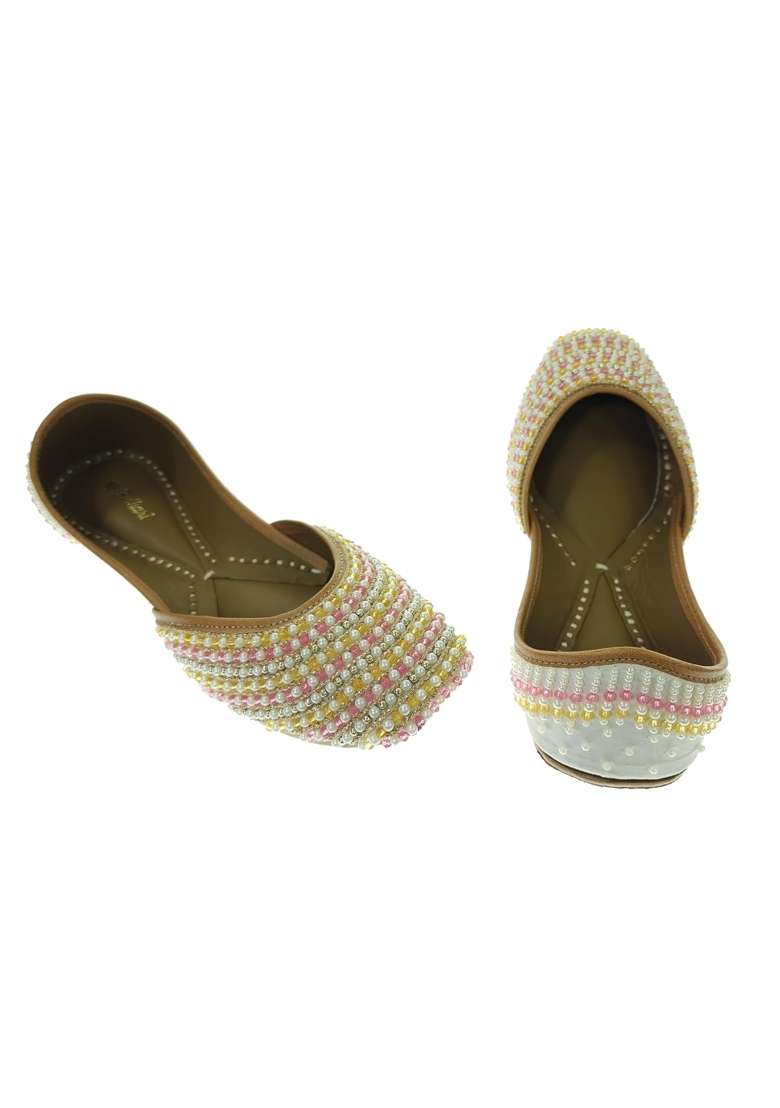 Fulkari Women Pearls Beige Gold Multi Genuine Soft Leather Embroidered Jutis - Indya