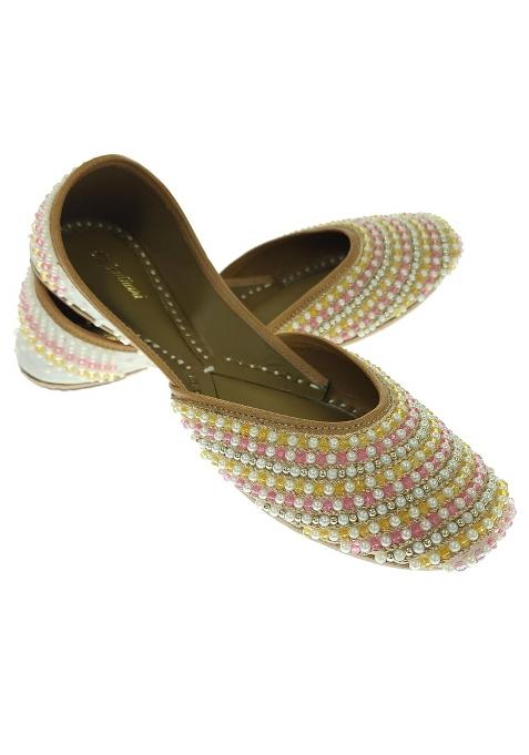 Fulkari Women Pearls Beige Gold Multi Genuine Soft Leather Embroidered Jutis