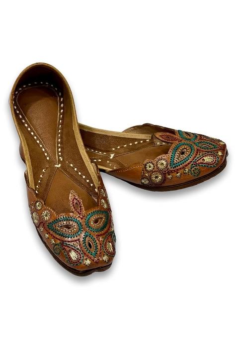 Punjabis Hand Art PHA Womens Handcrafted Embroidered Leather Jutti Brown