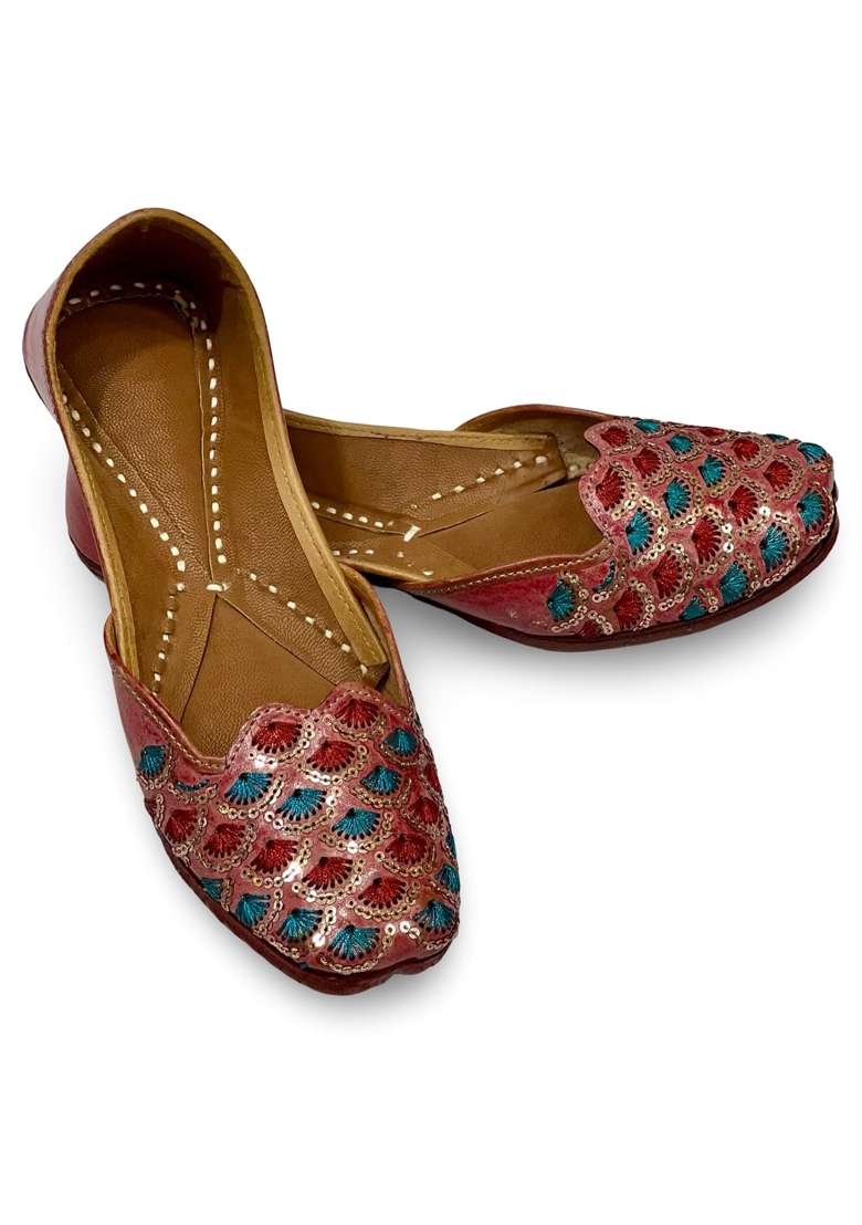 Punjabis Hand Art PHA Womens Embroidered Leather Juttis Brown with Teal and Red Sequin Pattern - Indya
