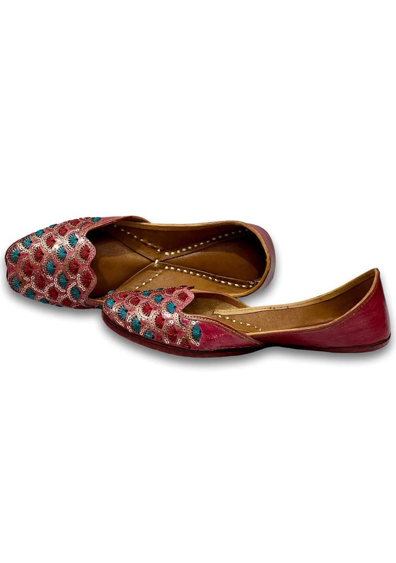 Punjabis Hand Art PHA Womens Embroidered Leather Juttis Brown with Teal and Red Sequin Pattern - Indya