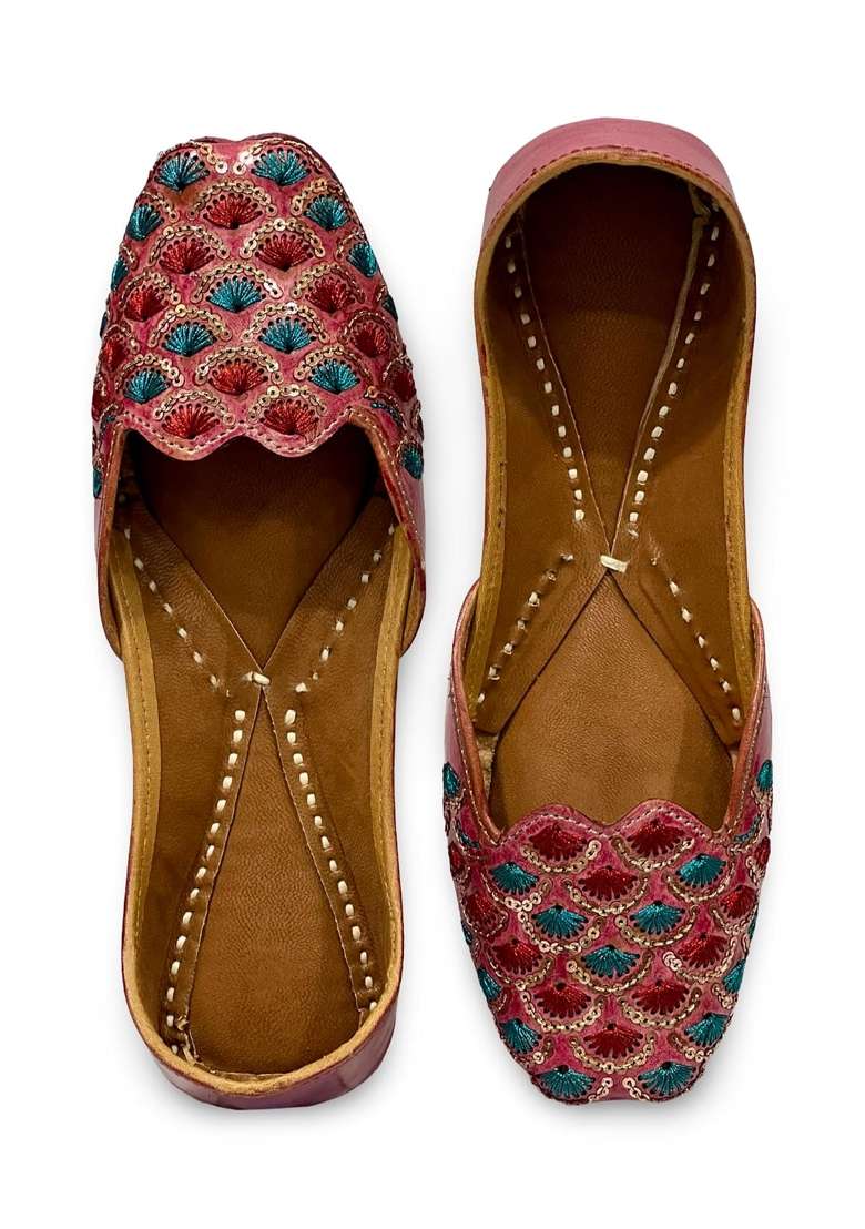 Punjabis Hand Art PHA Womens Embroidered Leather Juttis Brown with Teal and Red Sequin Pattern - Indya